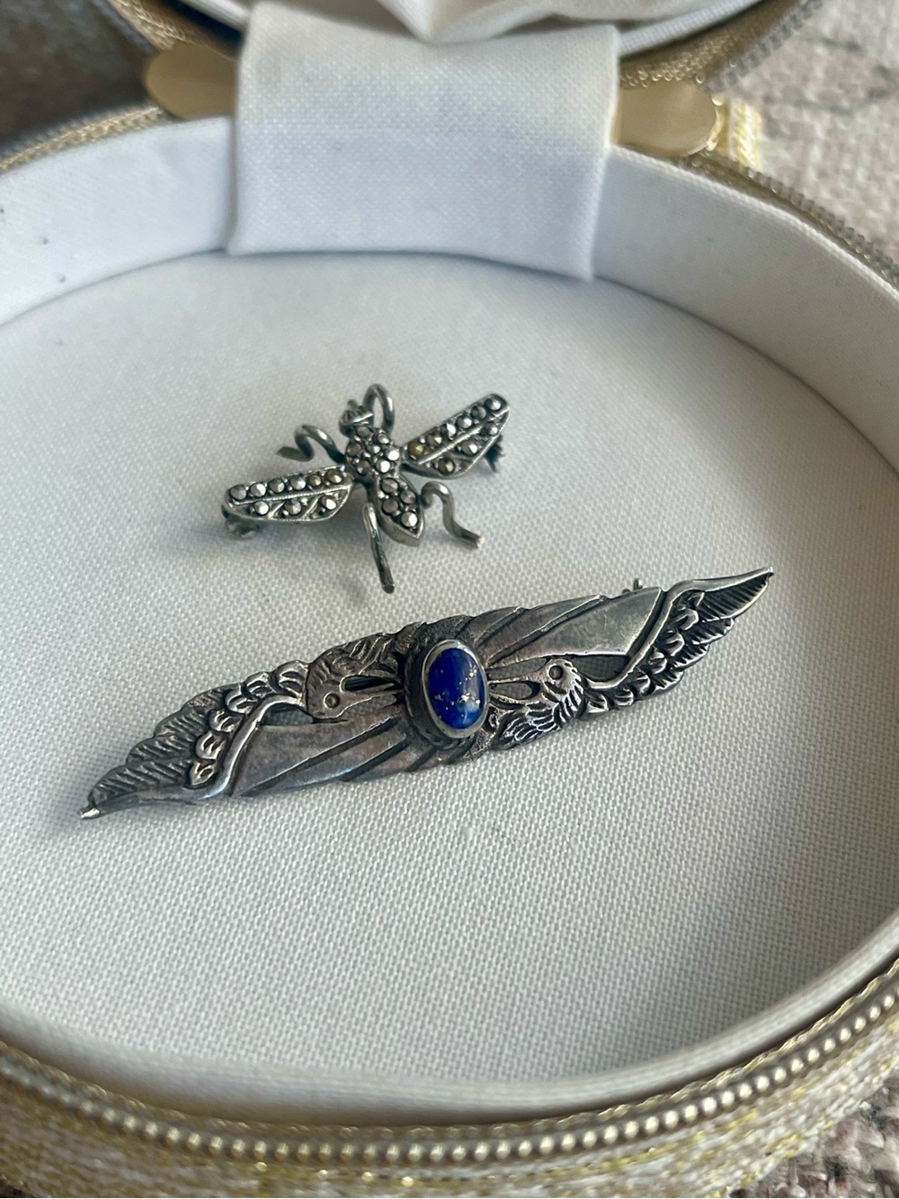 Silver Winged Bar and Dragonfly Brooch Set with Blue Stone